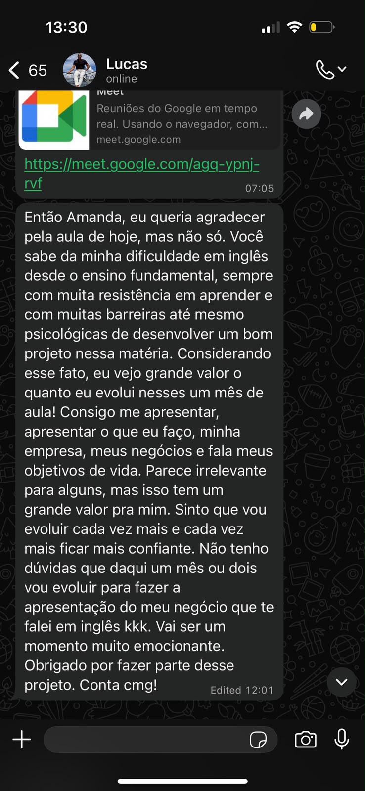 Depoimento de aluno